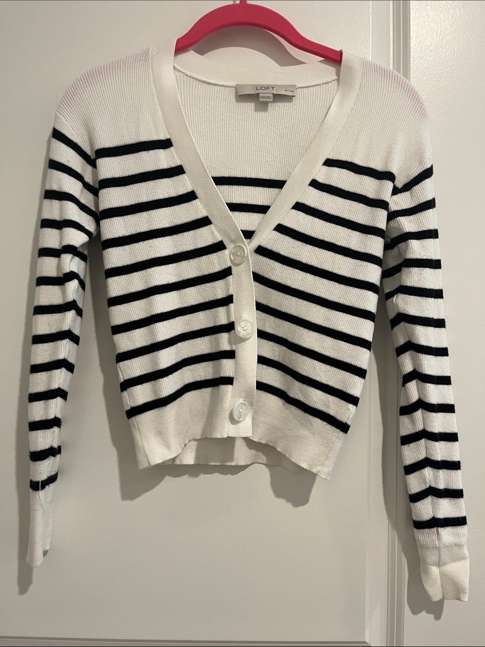 LOFT White and Black Striped V‑Neck Button Cardigan
